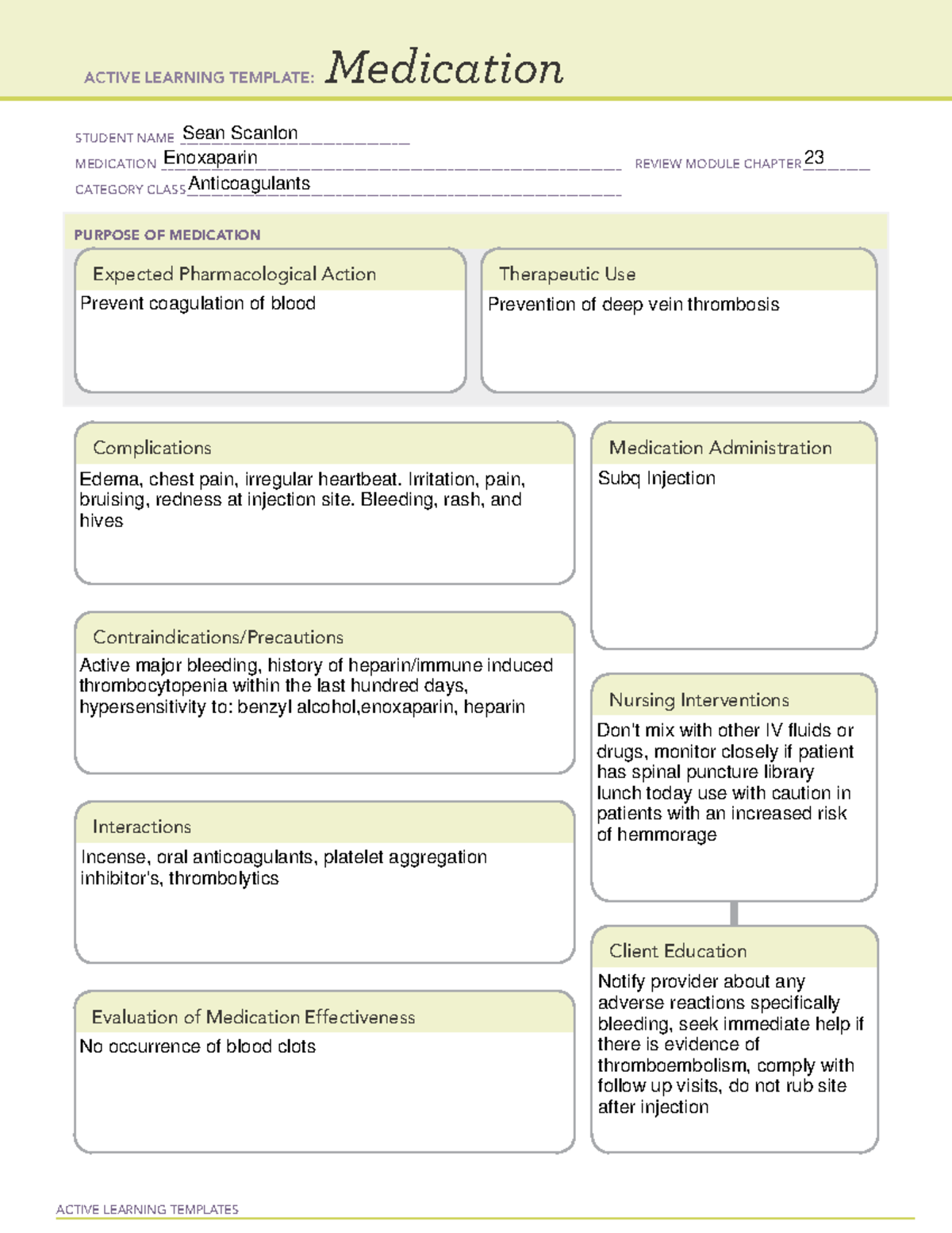 ATI ALT Enoxaparin - ACTIVE LEARNING TEMPLATES Medication STUDENT NAME ...