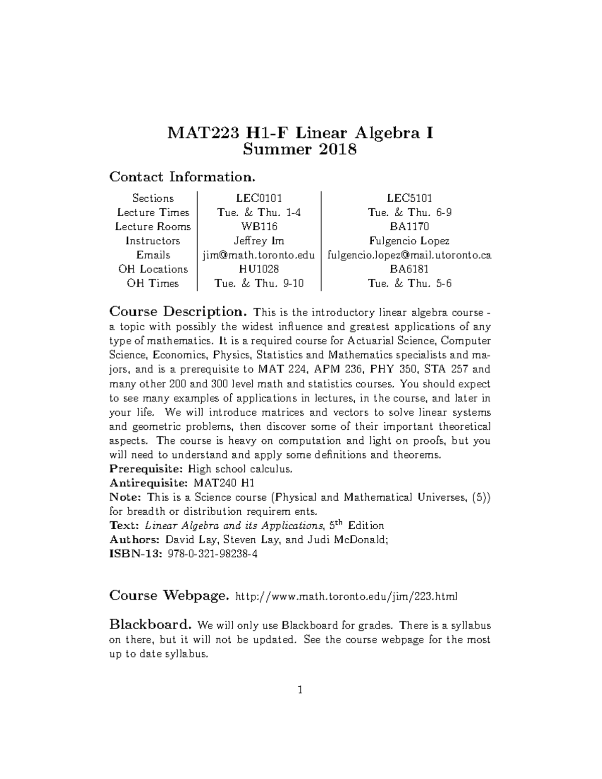 MAT223H1F - Summary Linear Algebra I - MAT223 H1-F Linear Algebra I ...