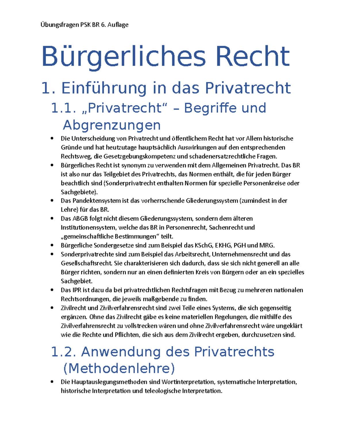 Privatrecht Und öffentliches Recht Beispiele Übungsfragen - Auflage Bürgerliches Recht 1. Einführung in das