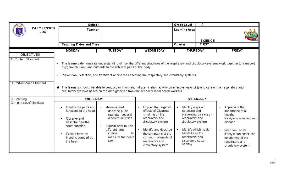 DLL PART 1 1ST QRTR G9 - Sciecne 9 Q1 - DAILY LESSON LOG School Grade ...