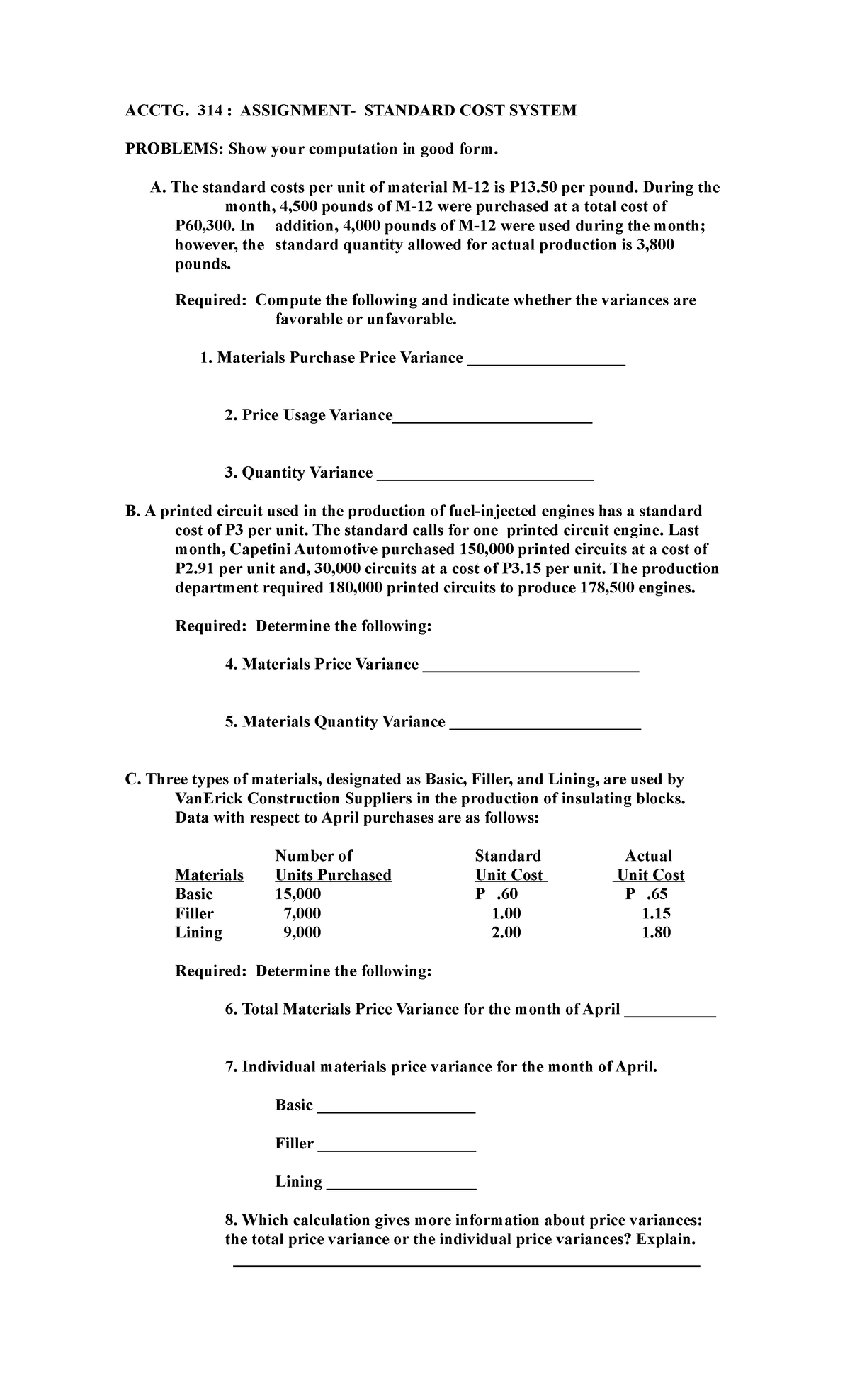 Acctg 314 Assignment - Standard COST Systems - ACCTG. 314 : ASSIGNMENT ...