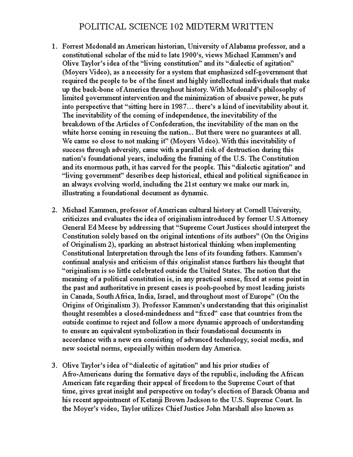 Political Science 102 First Midterm Examination-Written Component ...