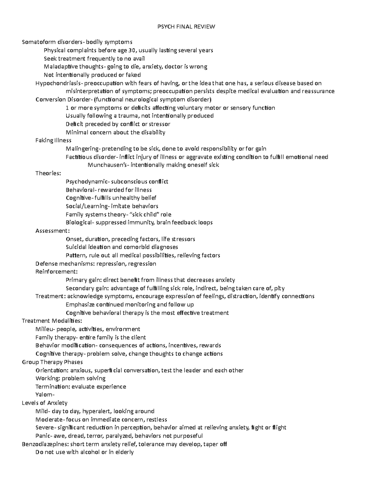 Psych Final Review - PSYCH FINAL REVIEW Somatoform disorders- bodily ...