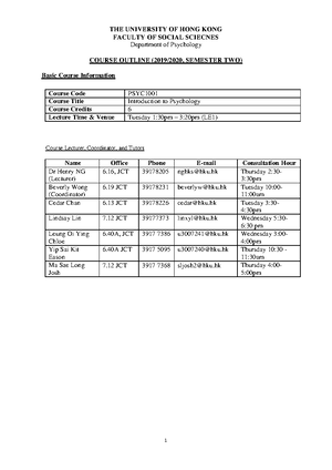 Course Outline Of PSYC1001 - THE UNIVERSITY OF HONG KONG FACULTY OF ...