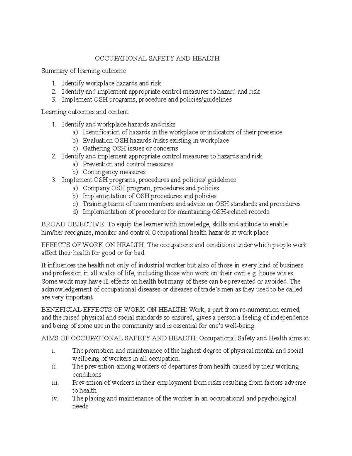 Occupational safety and health notes - OCCUPATIONAL SAFETY AND HEALTH ...