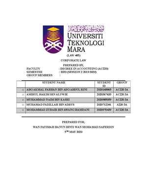 Law485 Group Written Assignment Group 5 Corporate Law Law599 Studocu