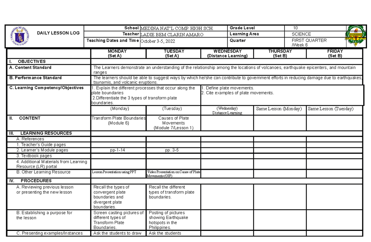 Q1WEEK5DLL - Daily Lesson Log|Quarter 1|Week5 - DAILY LESSON LOG School ...