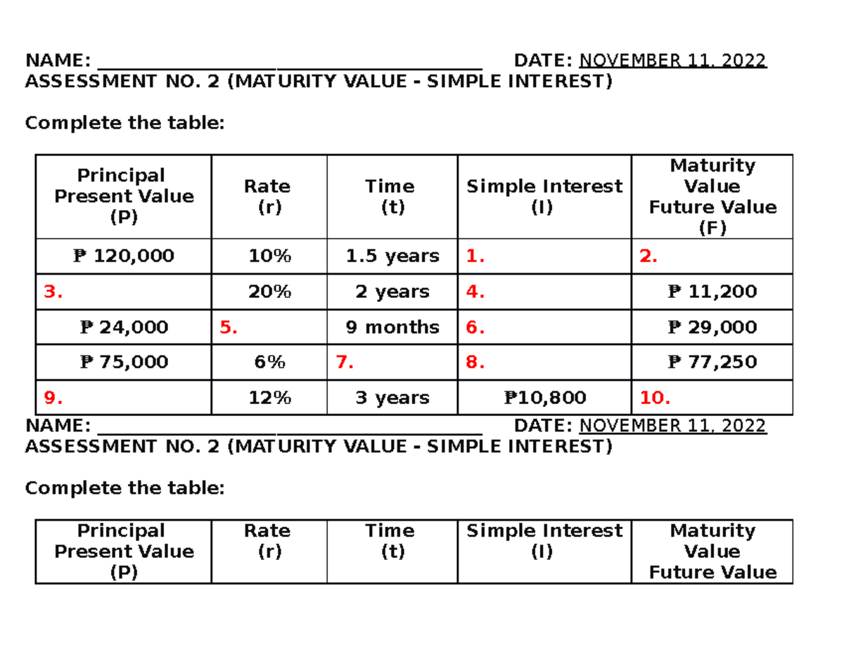 2 Maturity Value ( Simple Interest) - NAME ...