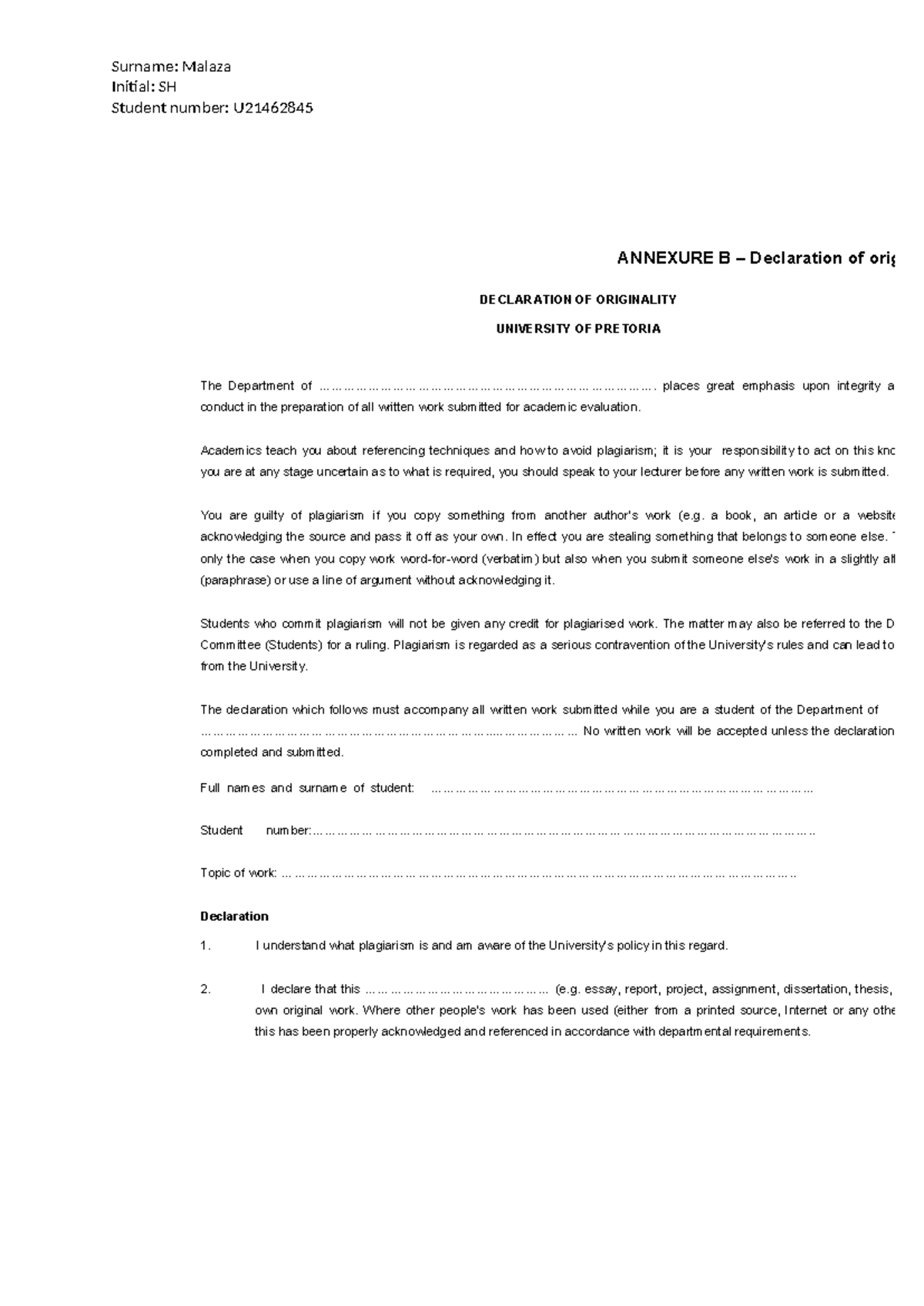 Envprac 6 - Surname: Malaza Initial: SH Student number: U ANNEXURE B ...