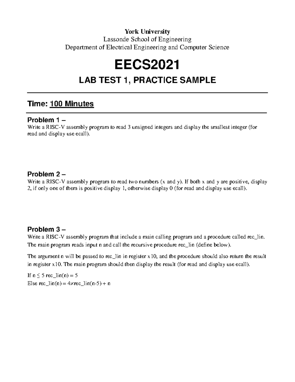 Labtest 1 Practice......... York University Lassonde School