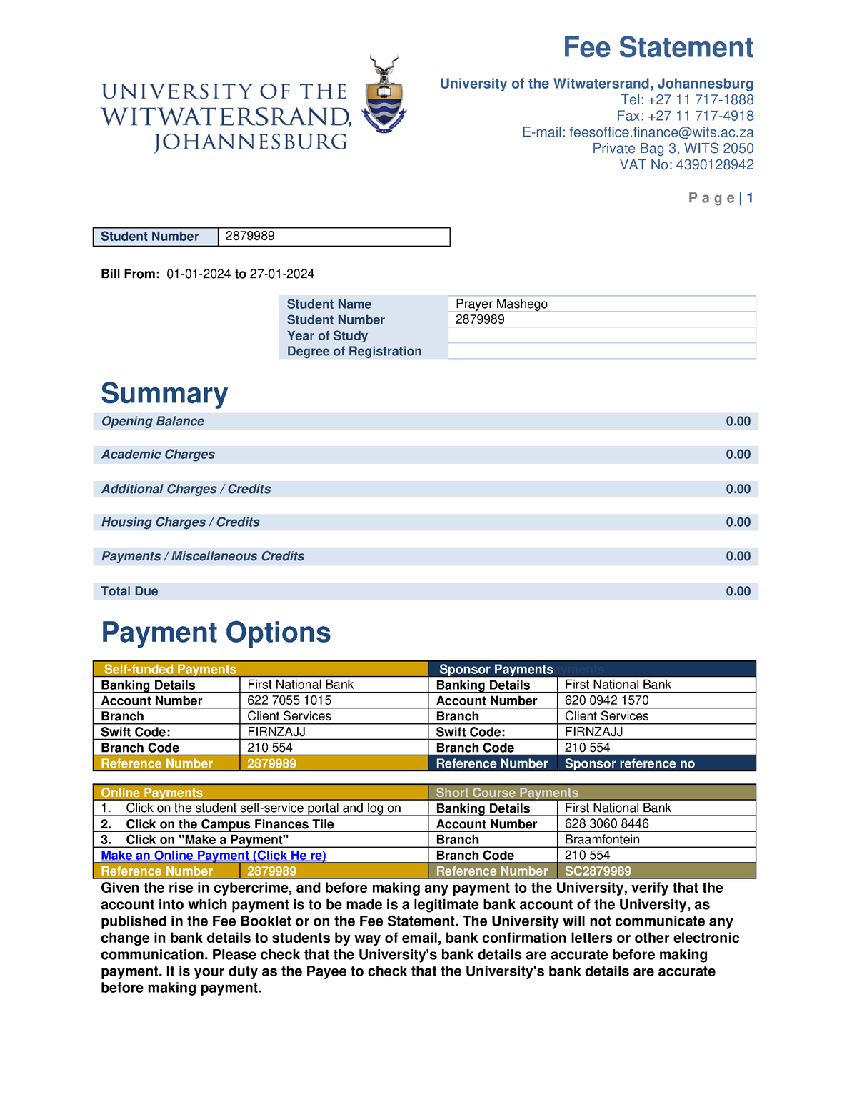 Wits statement - Fee Statement University of the Witwatersrand ...