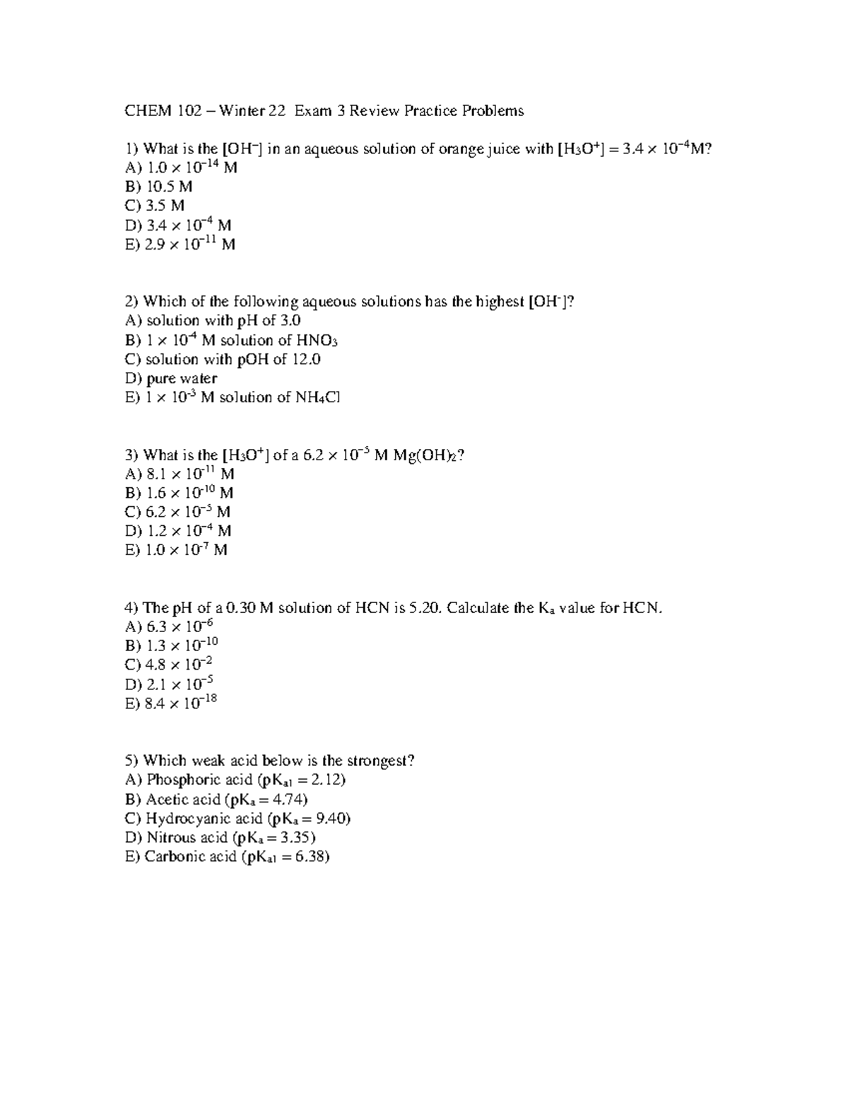 Chem 102 Exam 3 Review Questions - CHEM 102 – Winter 22 Exam 3 Review ...