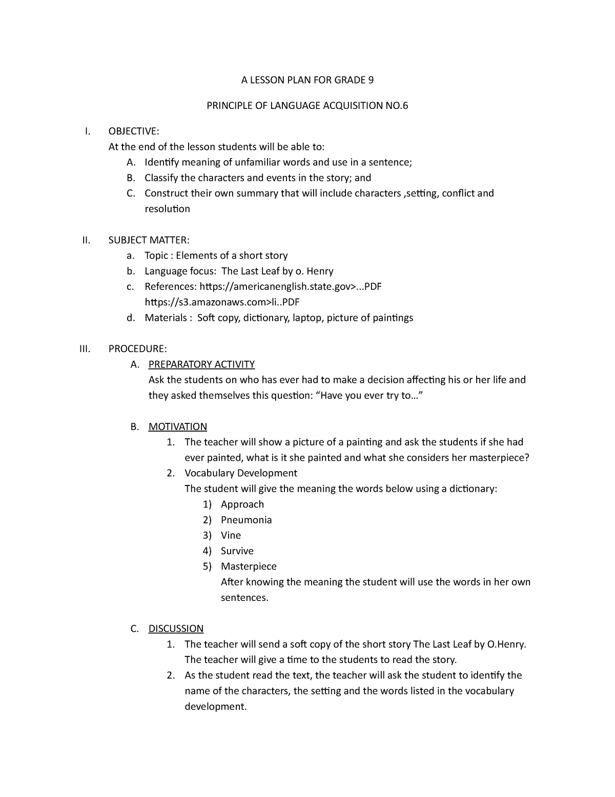 Elements Of A Short Story A LESSON PLAN FOR GRADE 9 PRINCIPLE OF 