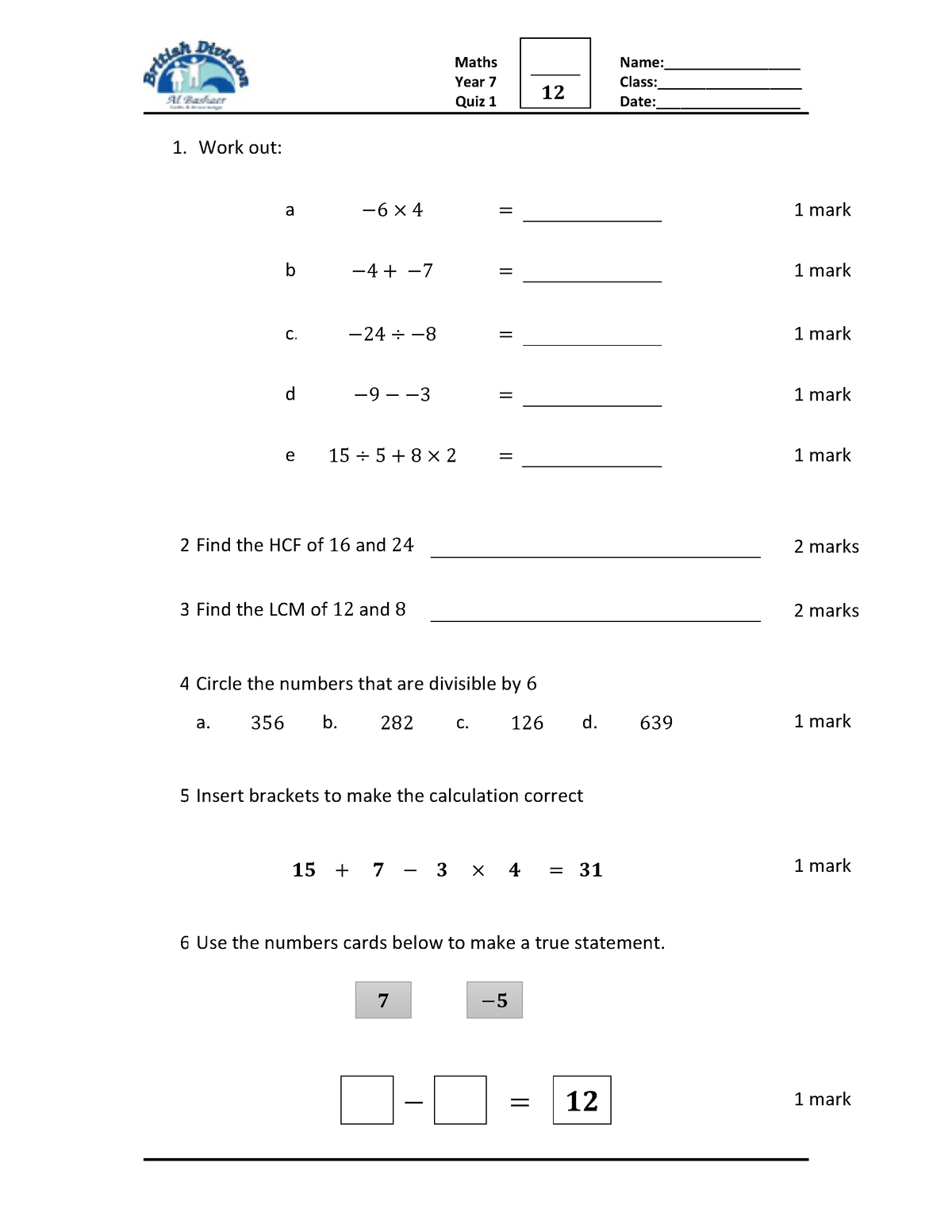 Term 1 - Quiz 1 2020-21 Mathematics Year 7 - Maths Name ...