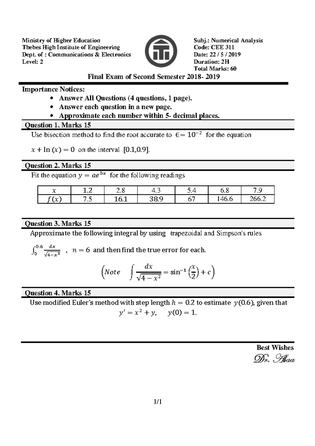 Numerical examsdf - Ministry of Higher Education Thebes High Institute ...