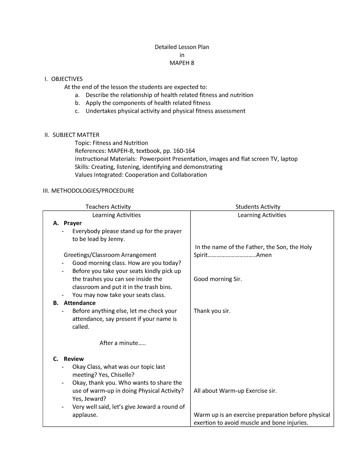 Detailed Lesson Plan in Mapeh 8 - Detailed Lesson Plan in MAPEH 8 I ...