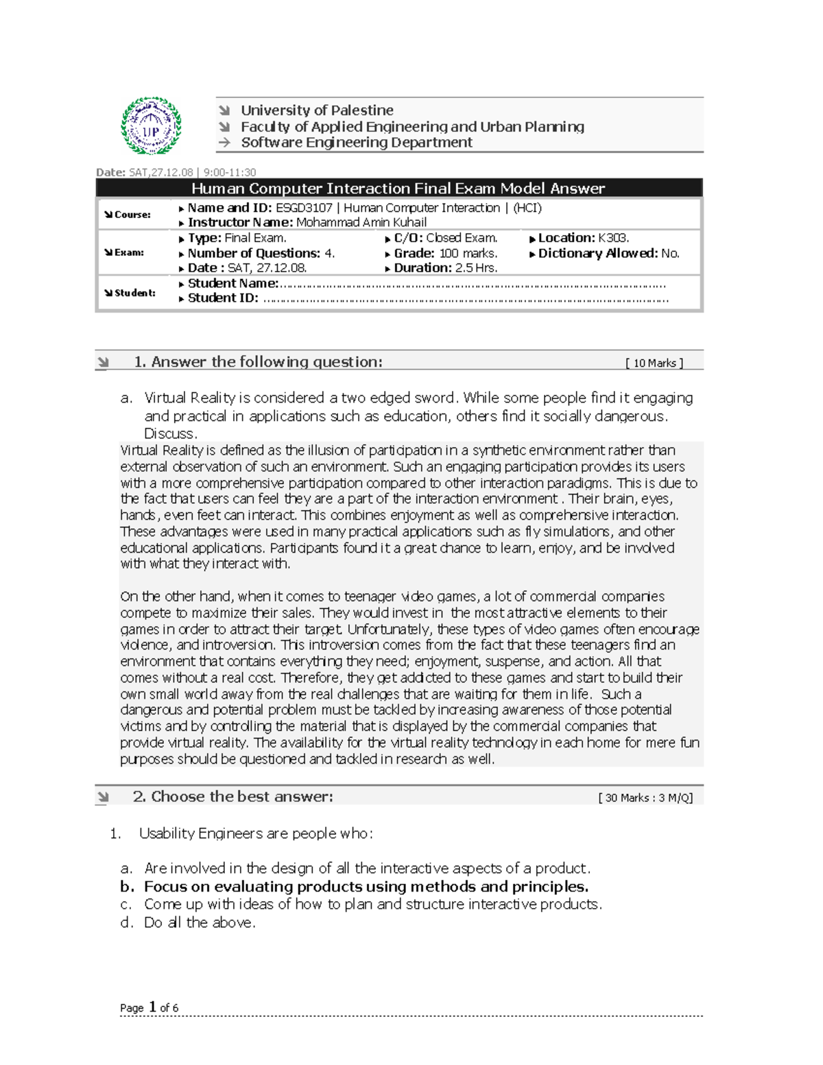 Human Computer Interaction Final Exam Model Answer 1. Answer Studocu