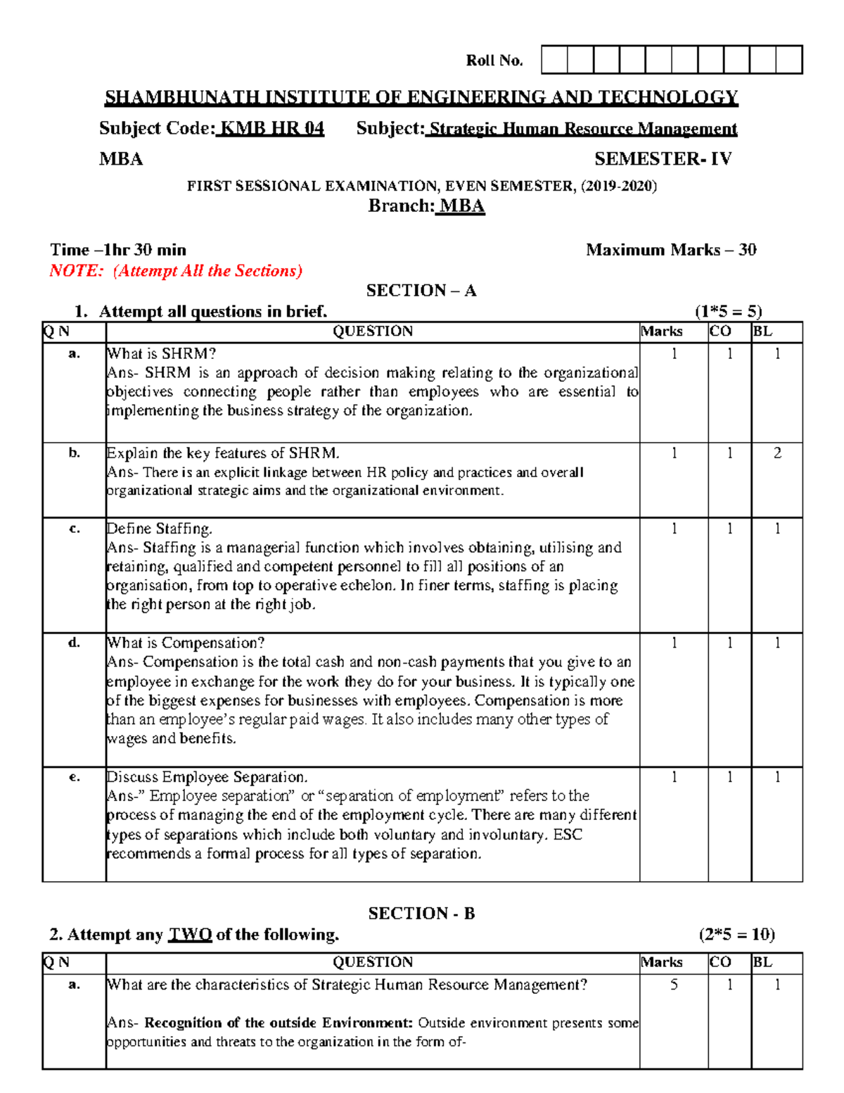 SHRM Question - Roll No. SHAMBHUNATH INSTITUTE OF ENGINEERING AND ...