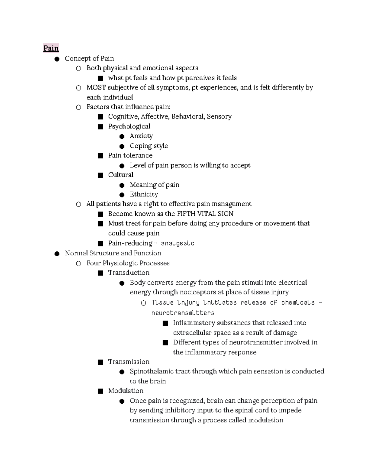 501 Pain LECTURE !! - Pain Concept of Pain Both physical and emotional ...