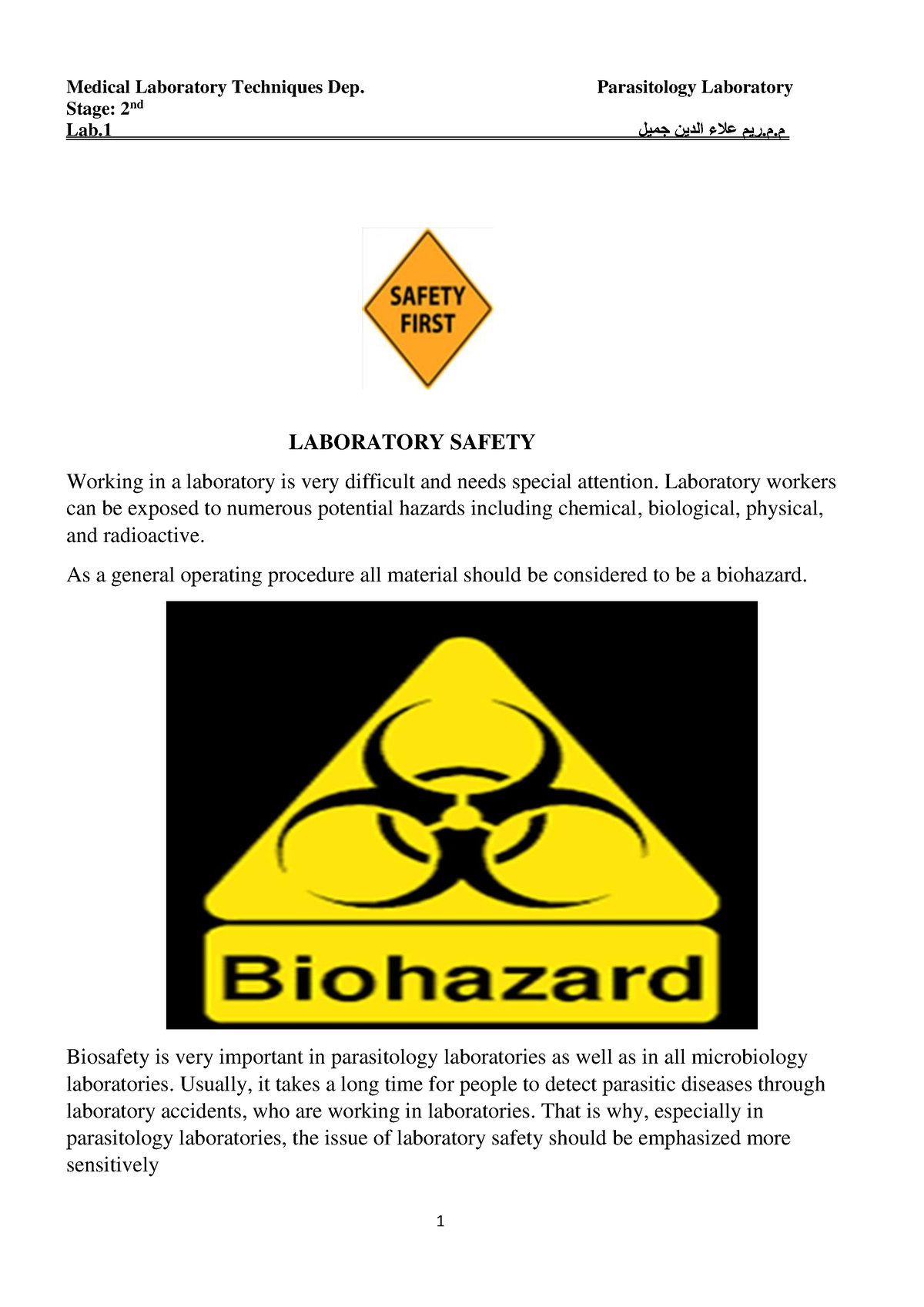 Laboratory Safety - l parasitology - Stage: 2 Lab م.م.ريم علاء الدين ...