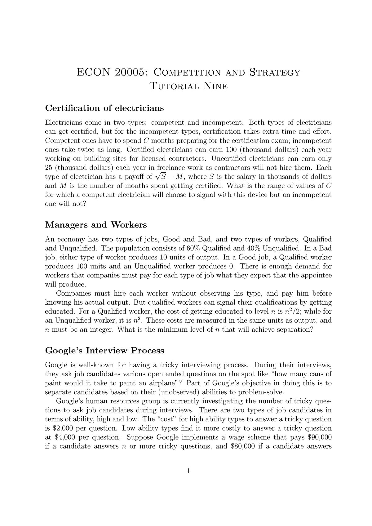 2000 5 Tutorial 9 - ECON 20005: Competition And Strategy Tutorial Nine ...