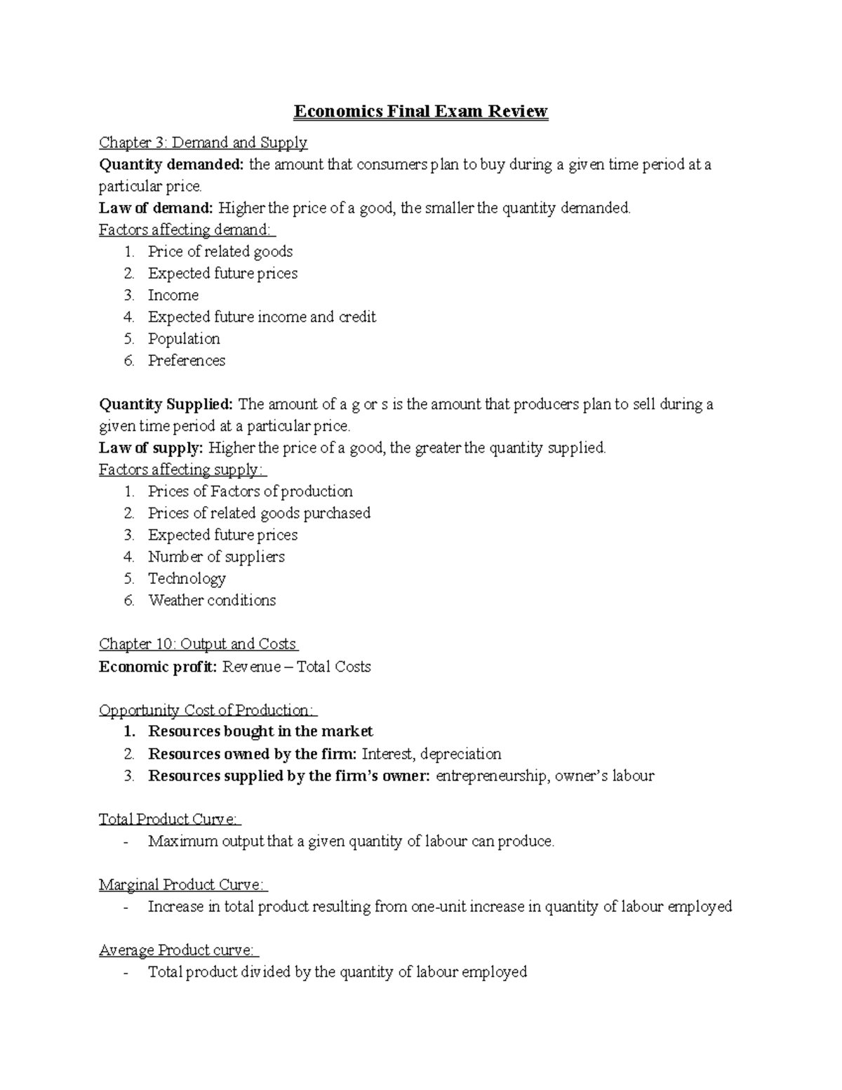 Micro Economics Final Exam Review - Economics Final Exam Review Chapter ...