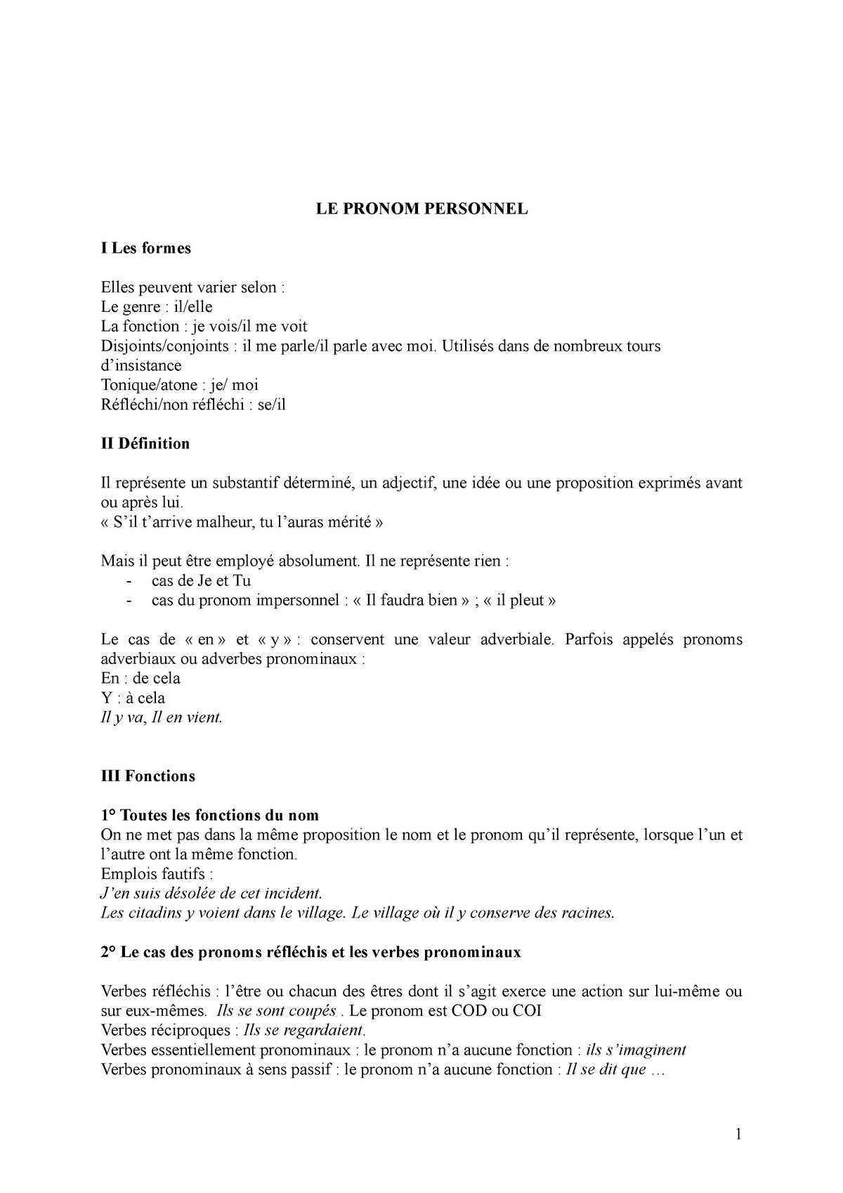 LE Pronom Personnel - Grammaire - LE PRONOM PERSONNEL I Les Formes ...