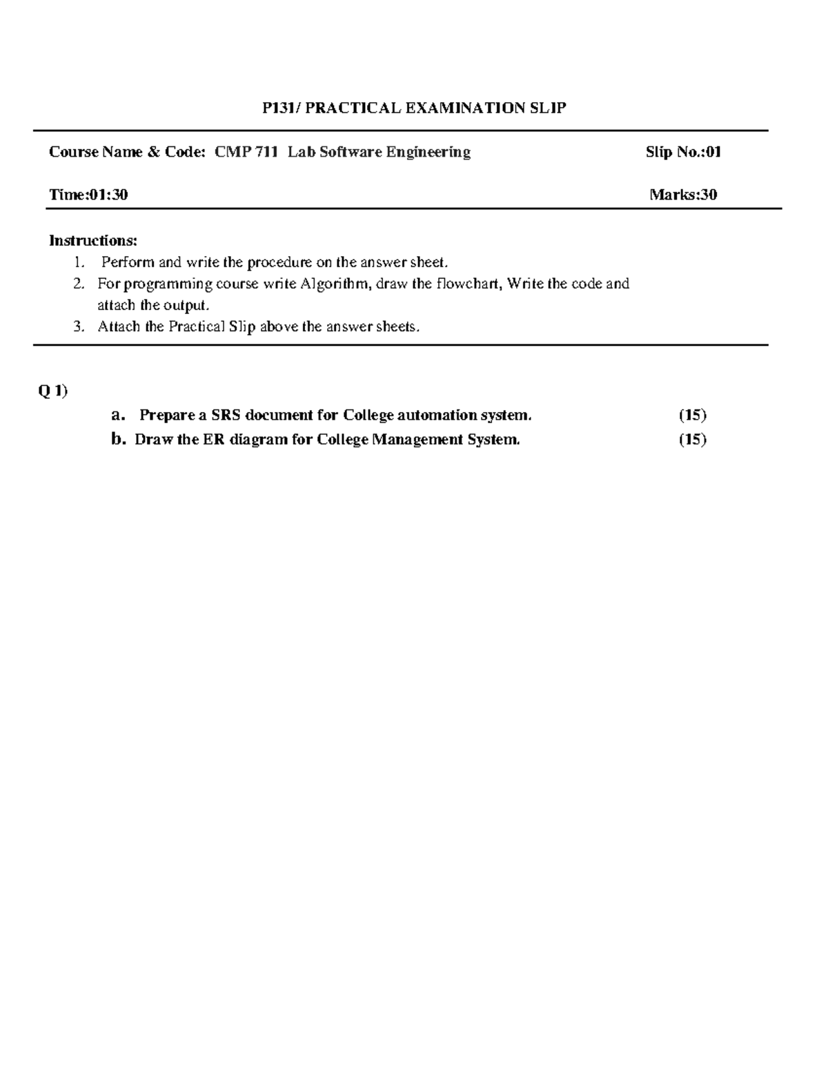 CMP 711 Lab Software Engineering - : Time:01:30 Marks: Instructions: 1 ...