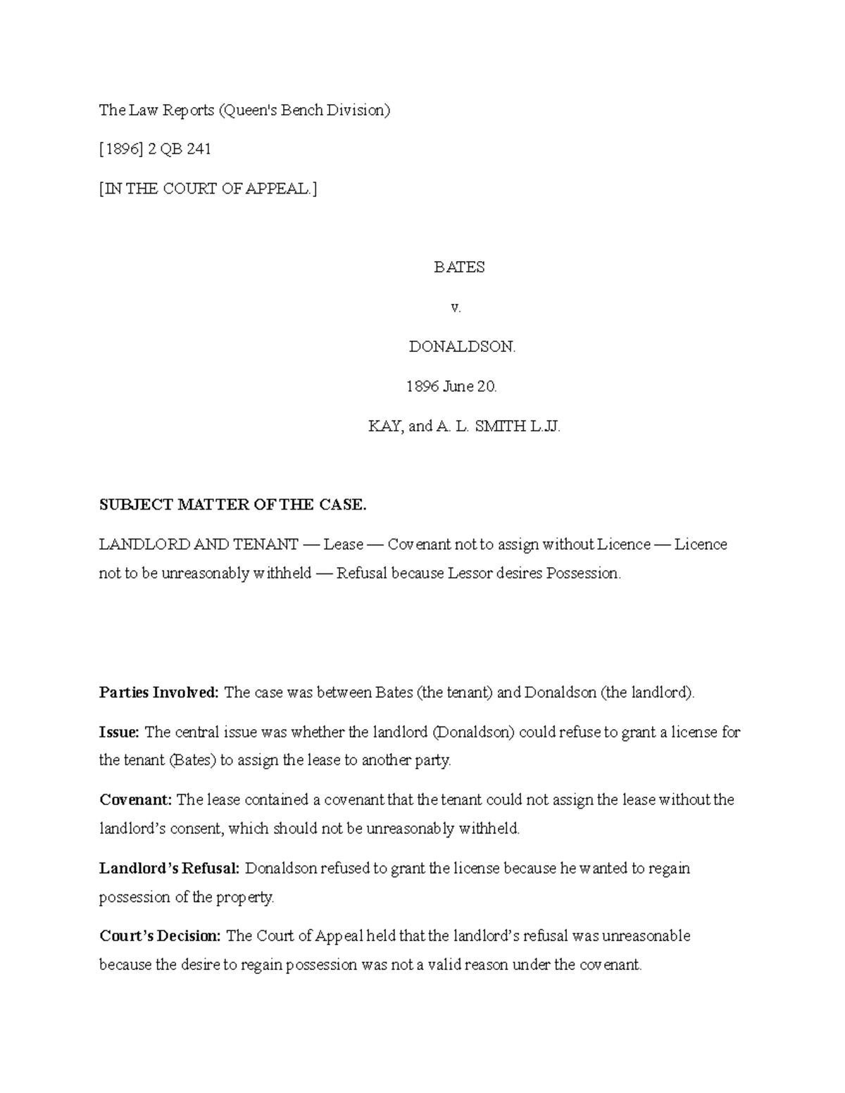 Bates v Donaldson summary - The Law Reports (Queen's Bench Division ...