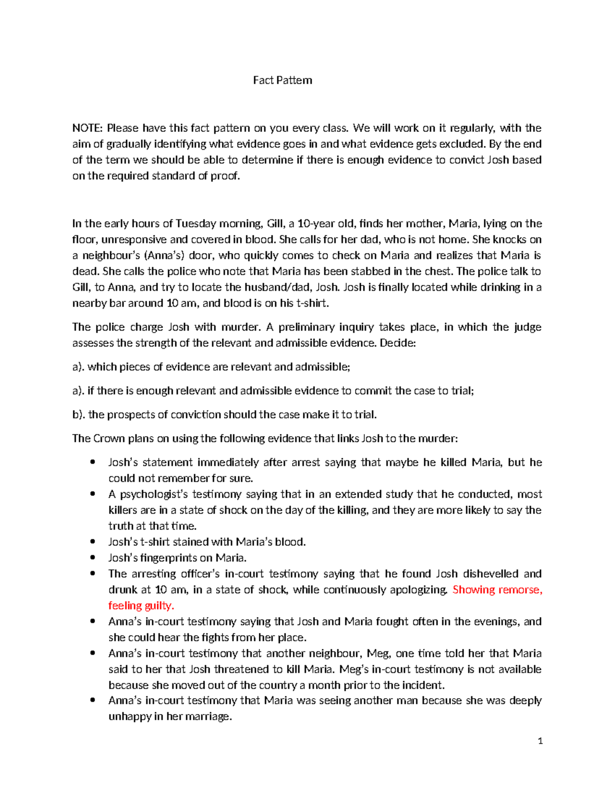 Ev 1 Fact Pattern - Evidence Law practice questions - Fact Pattern NOTE ...
