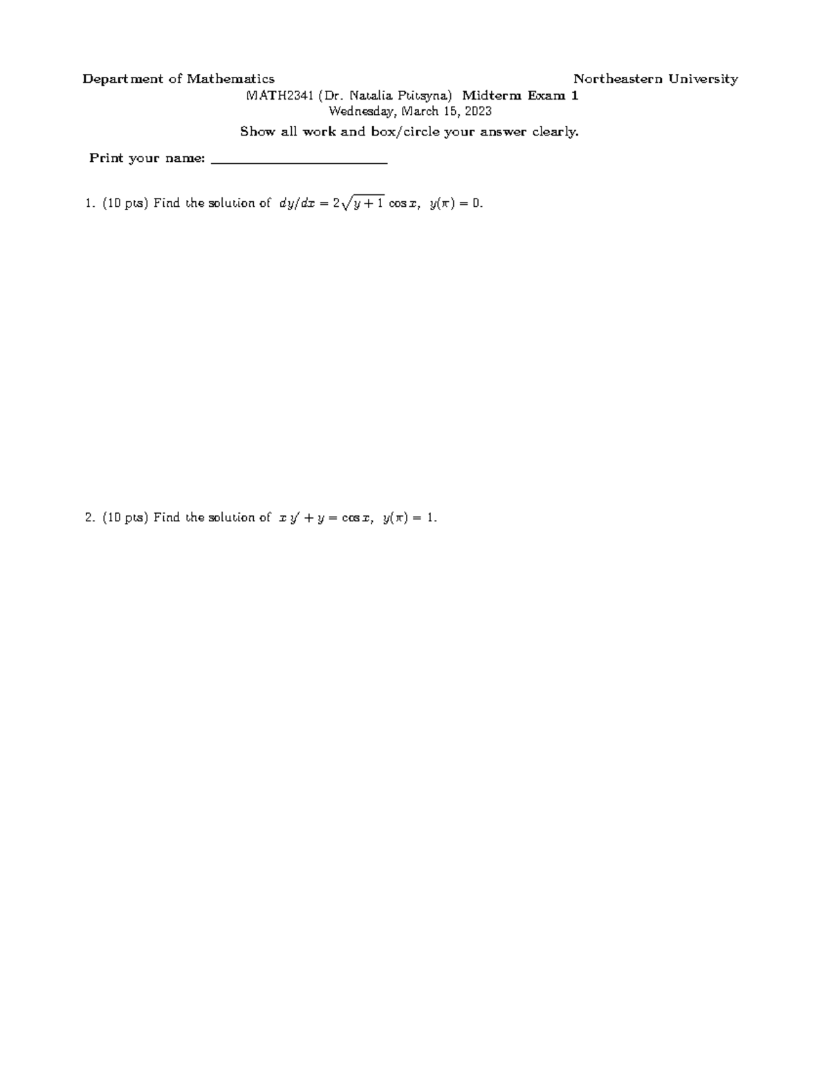 2341Test1 Sp23 Shdhff Department of Mathematics Northeastern