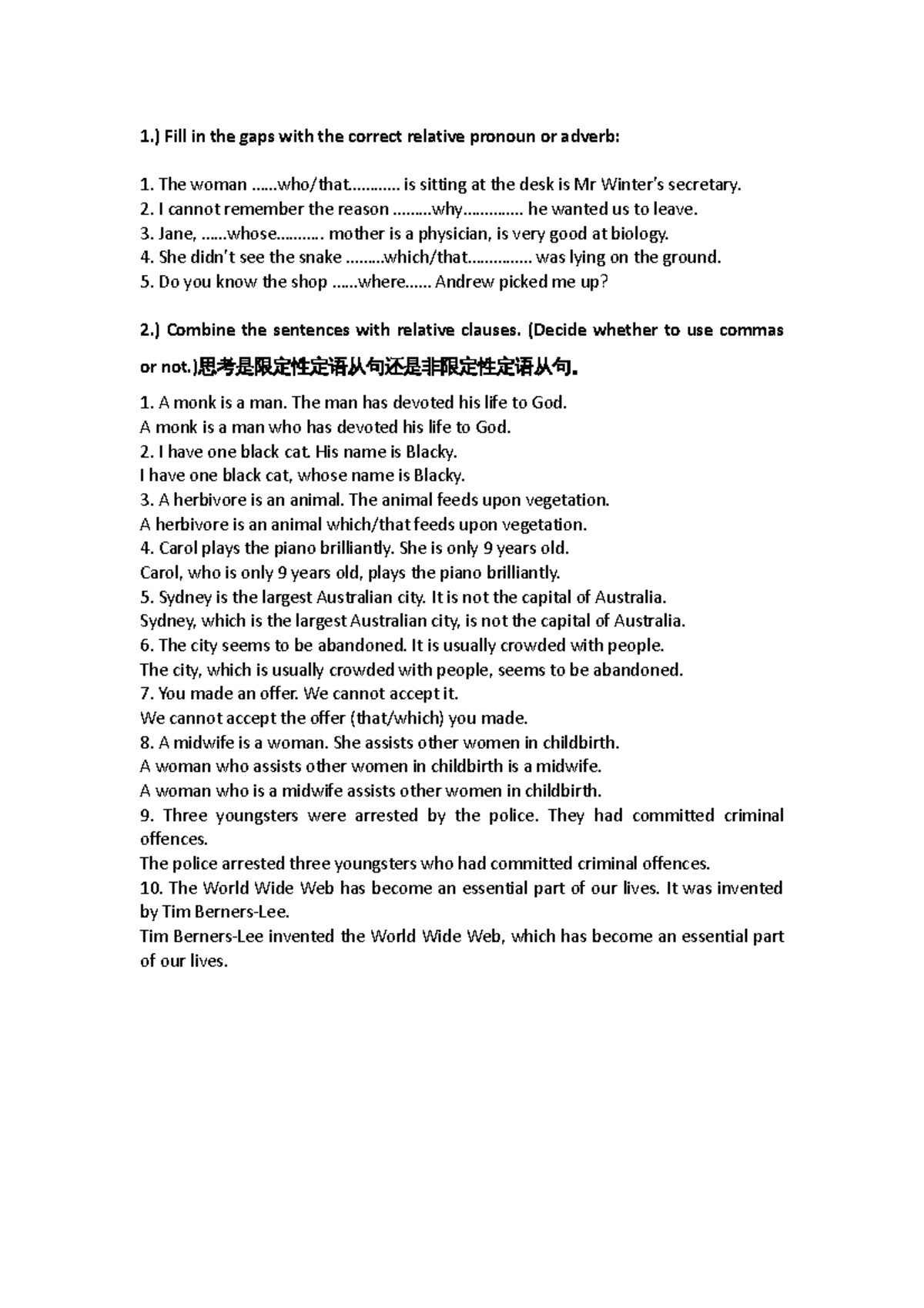 Relative clause 6 - 1.) Fill in the gaps with the correct relative ...