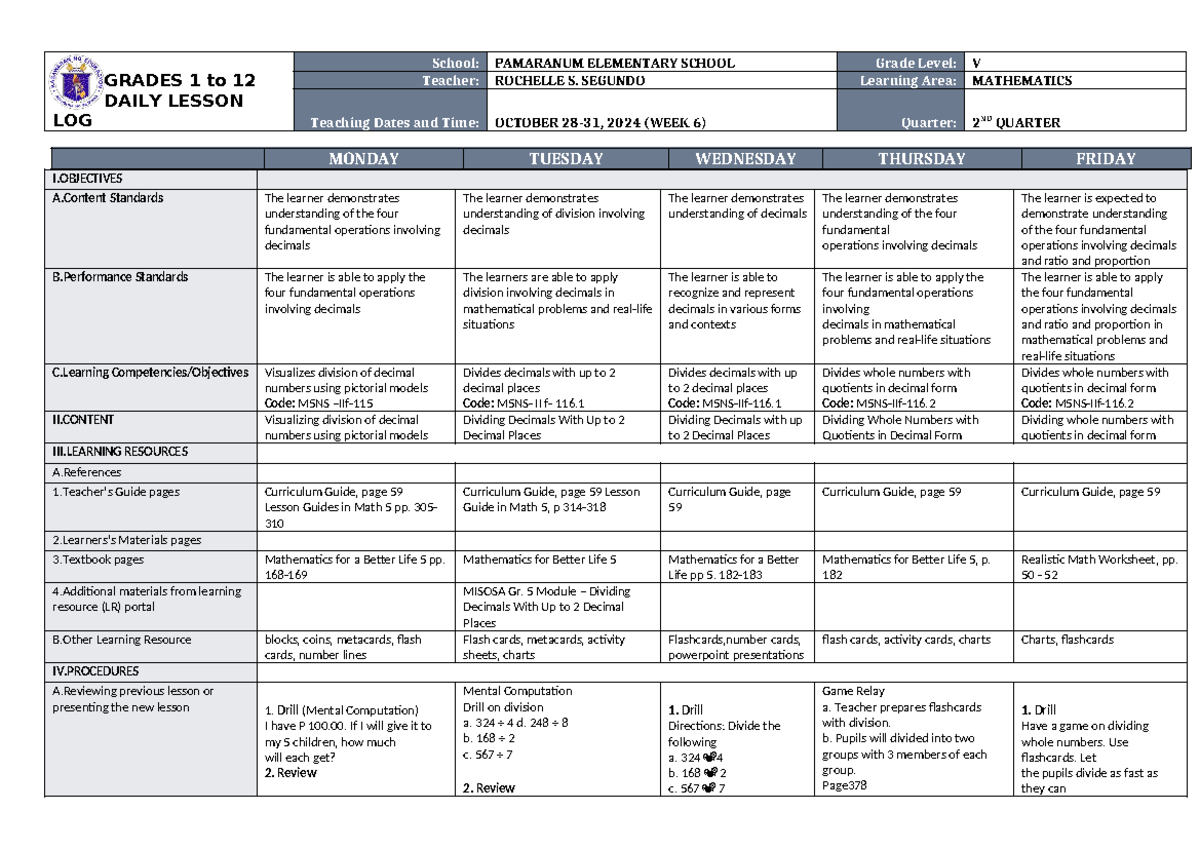 DLL Mathematics 5 Q2 W6 - KVJV - GRADES 1 to 12 DAILY LESSON LOG School ...