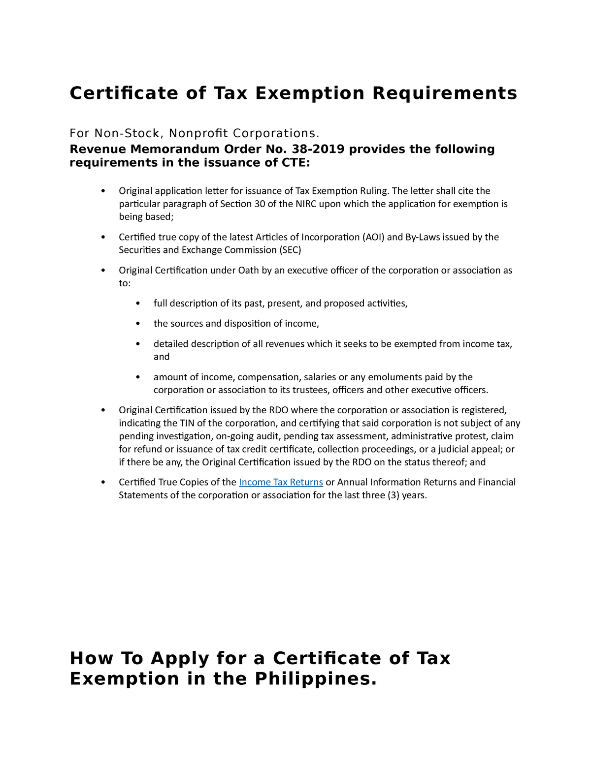 Tax Exemption Requirements and Process Certificate of Tax Exemption