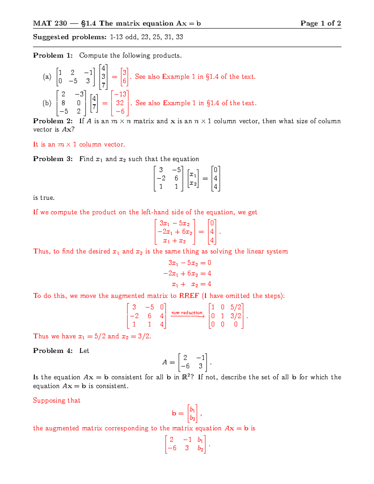 09-09 1.4 The Matrix Equation Ax=b, Solutions - MAT 230 — §1 The Matrix ...