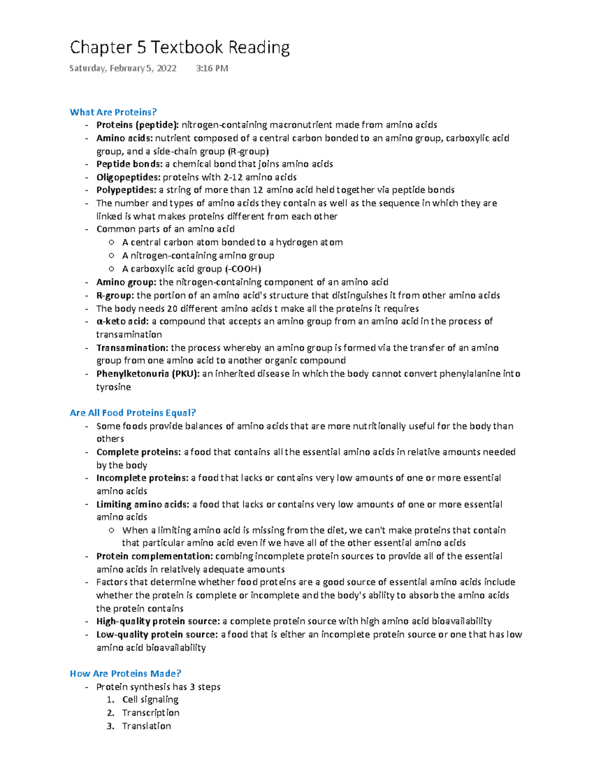 Bio 140 CH5 Textbook Notes - What Are Proteins? - Proteins (peptide ...