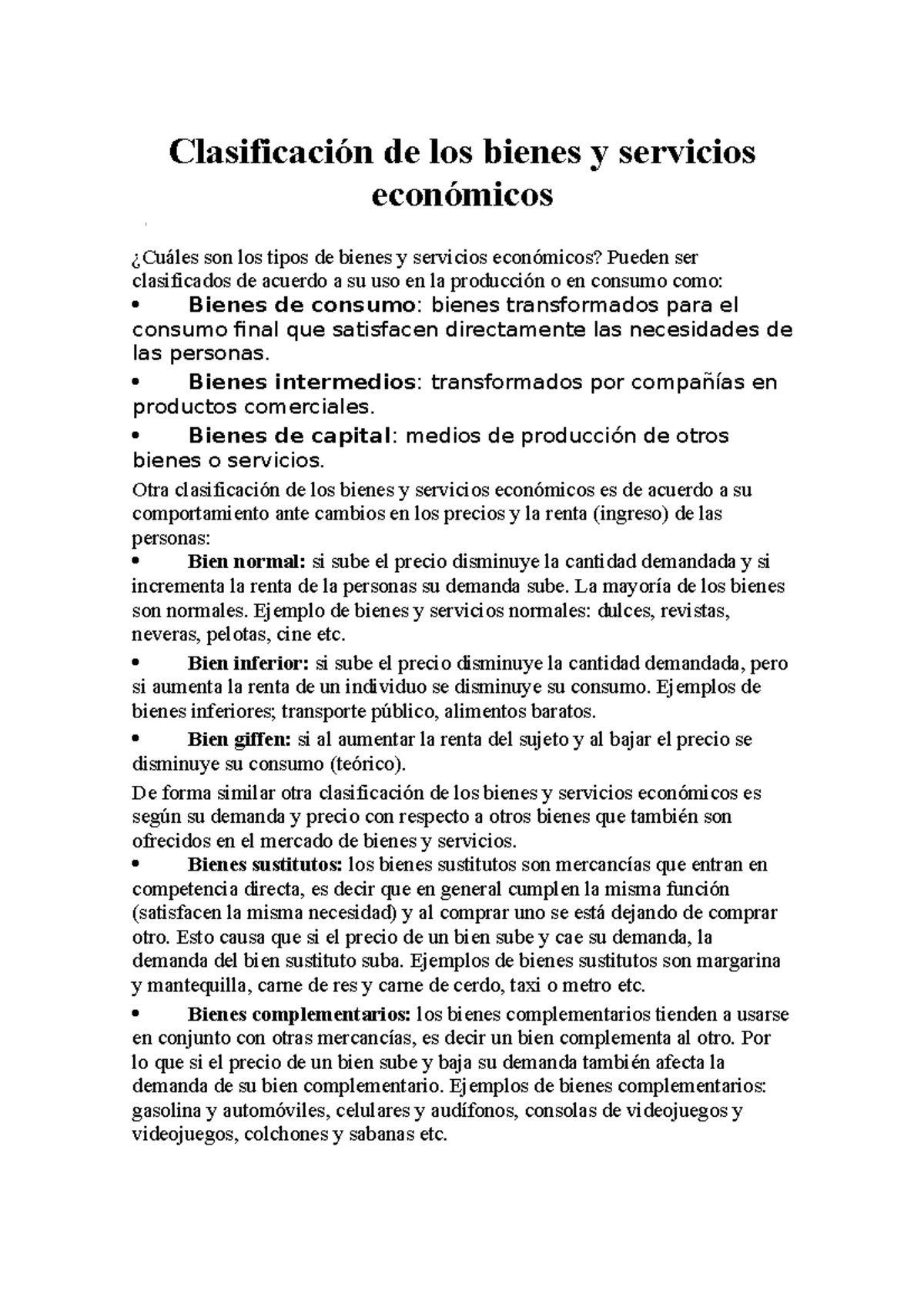 Clasificación de los bienes y servicios