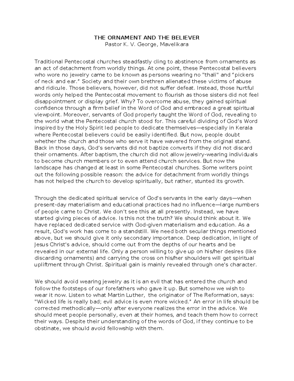 Tract - practice notes - THE ORNAMENT AND THE BELIEVER Pastor K. V ...