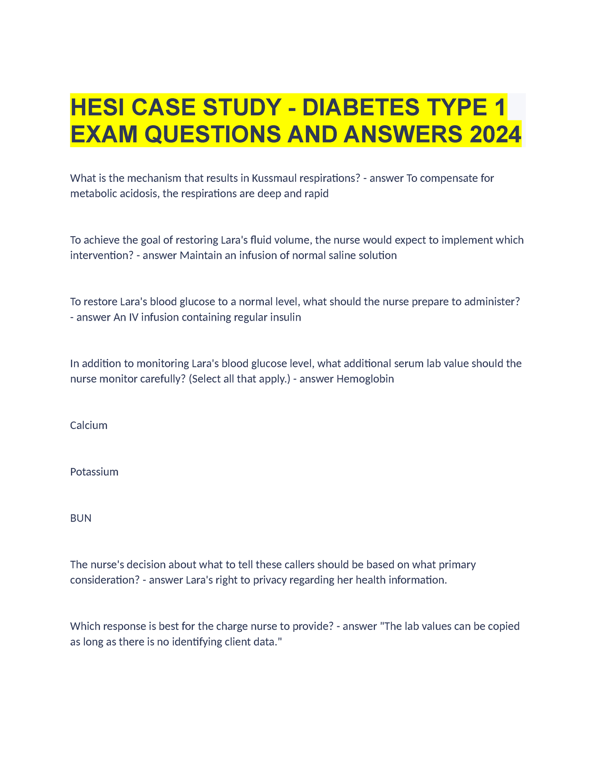 hesi case study diabetes type 1