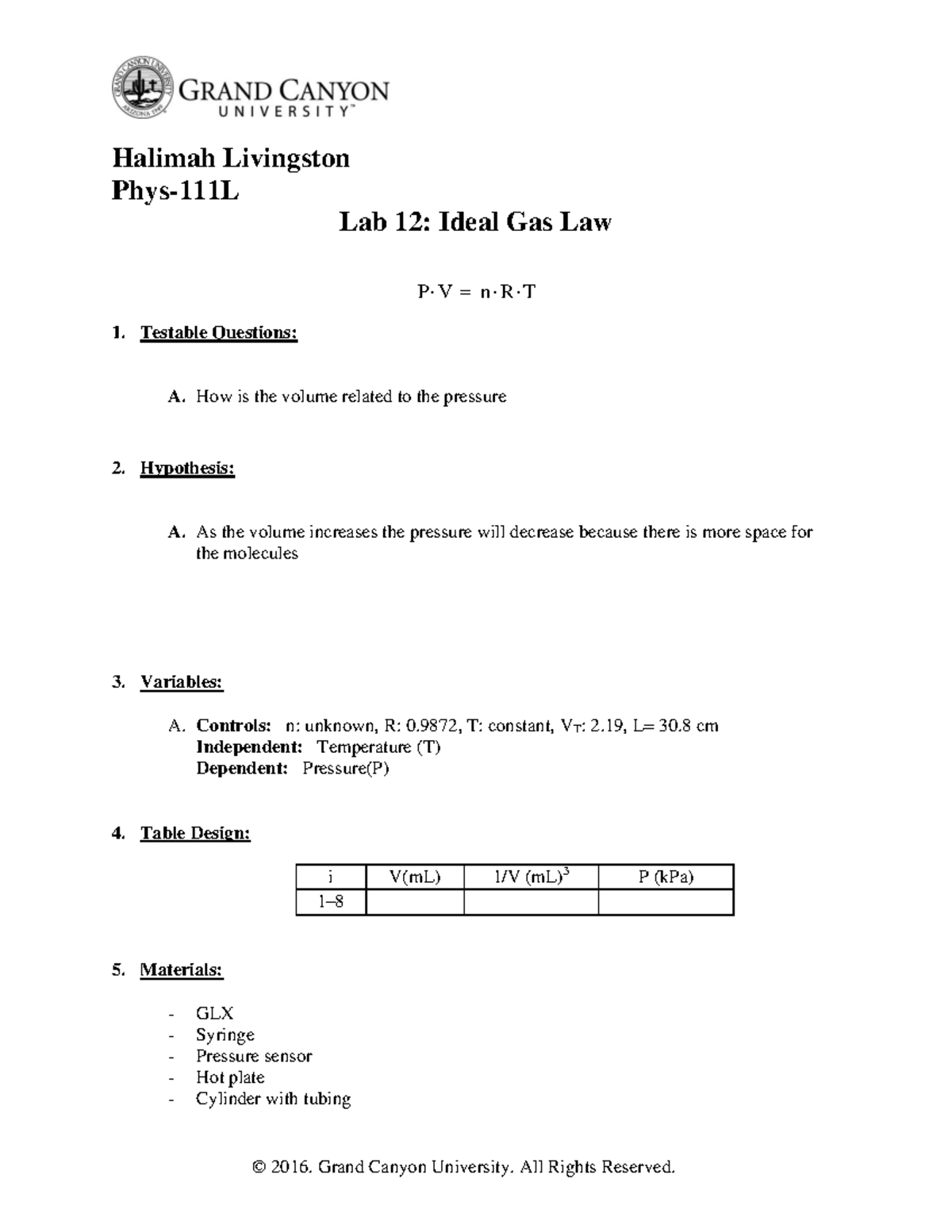 Phy 111l Rs Lab12 Ideal Gas Law Halimah Livingston Phys 111l Lab 12 Ideal Gas Law P V N R T 