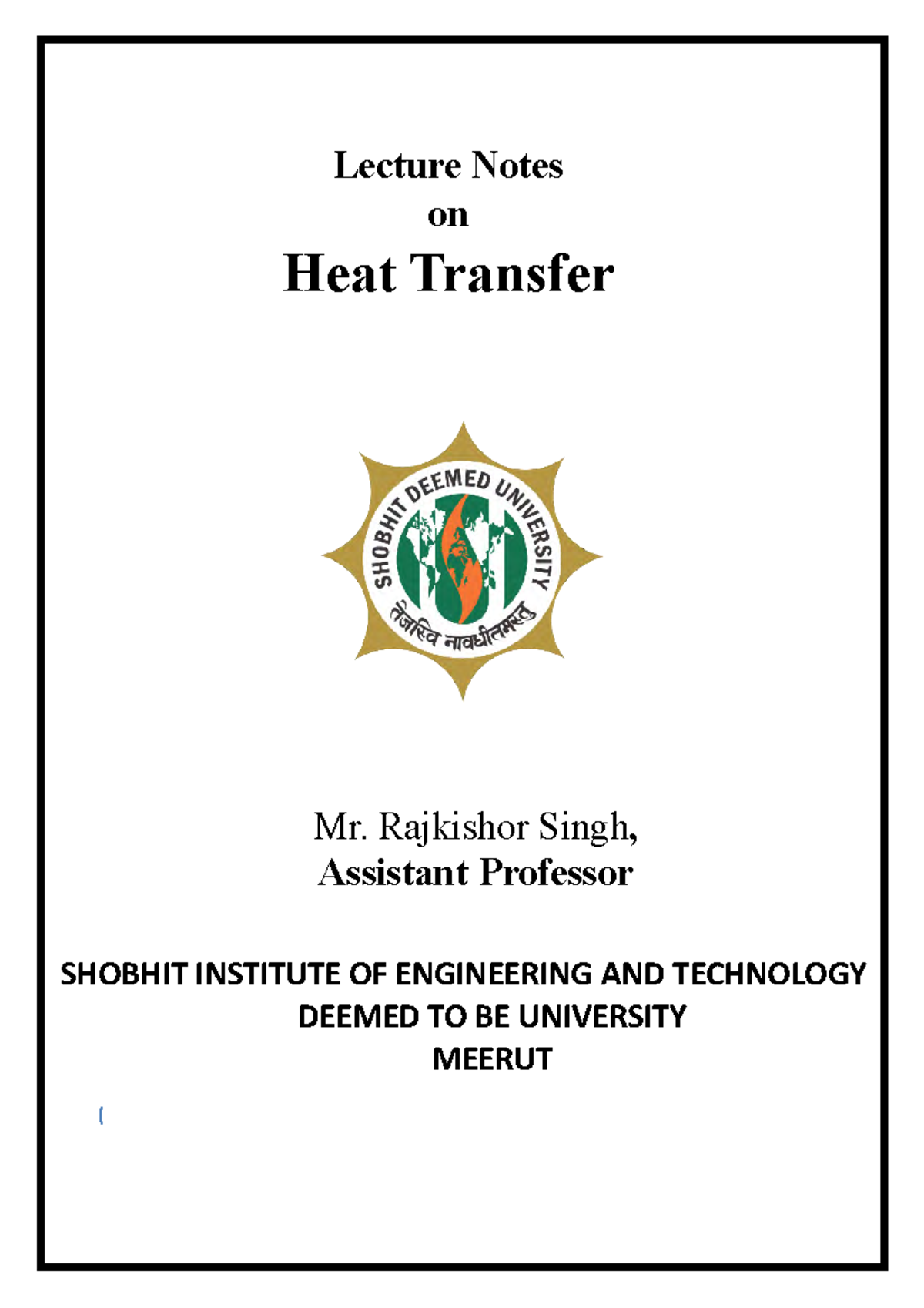 Heat Transfer Rajkishor Singh - Lecture Notes On Heat Transfer SHOBHIT ...