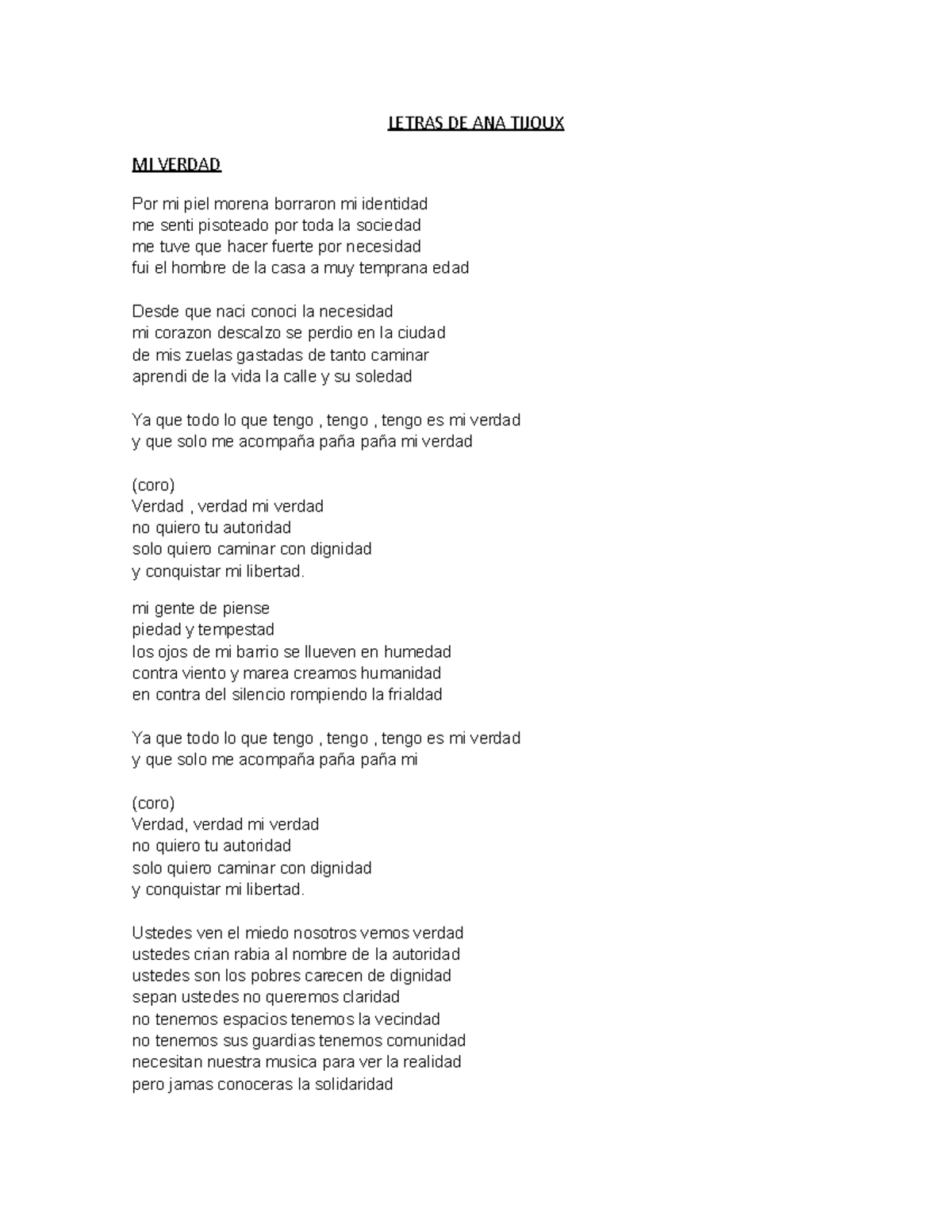 Letras DE ANA Tijoux - LETRAS DE ANA TIJOUX MI VERDAD Por mi piel ...