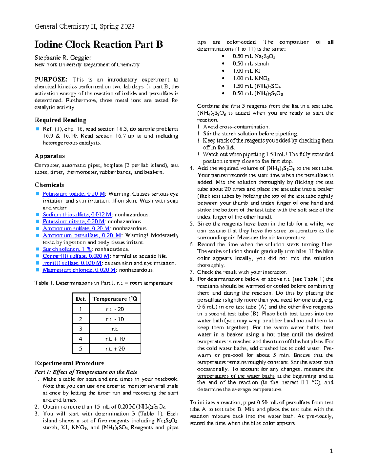 Iodine Clock Part B Sp23 - Iodine Clock Reaction Part B Stephanie R ...