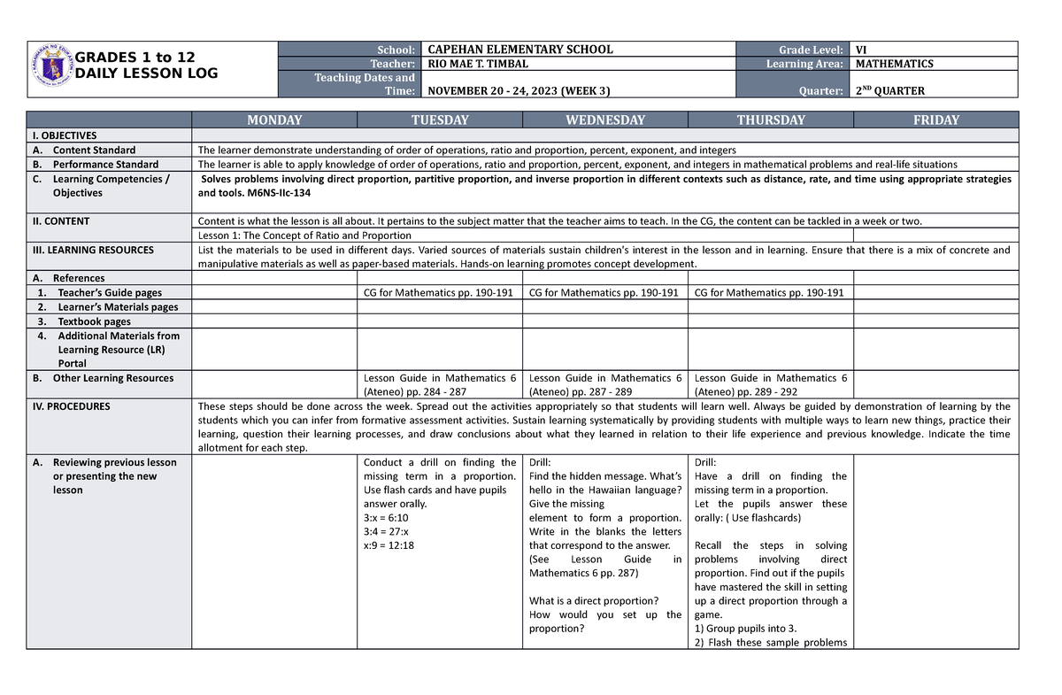 DLL Mathematics 6 Q2 W3 - Lesson Guide For This Week - GRADES 1 To 12 ...