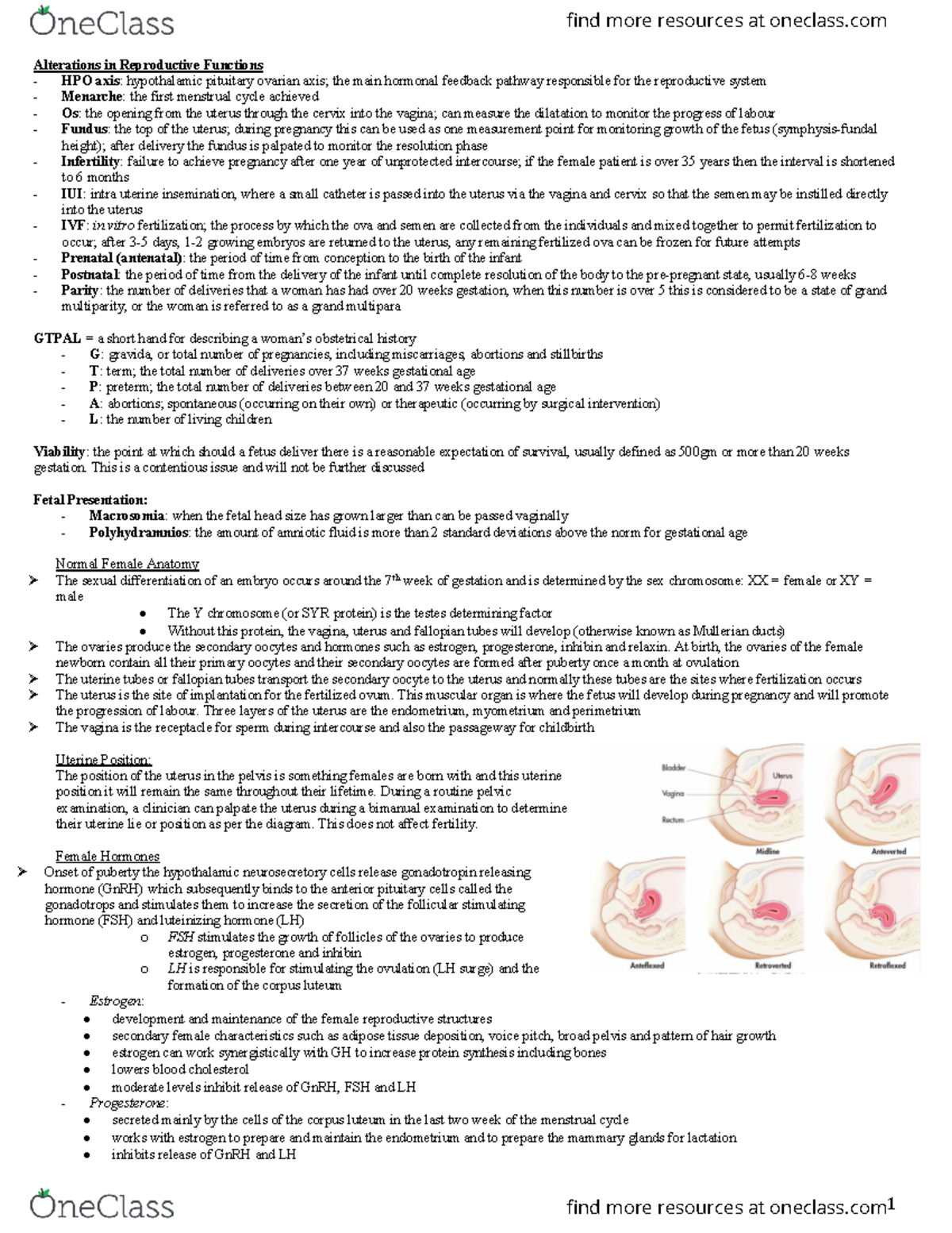 Female reproduction - Course summary - 1 **Alterations in Reproductive ...