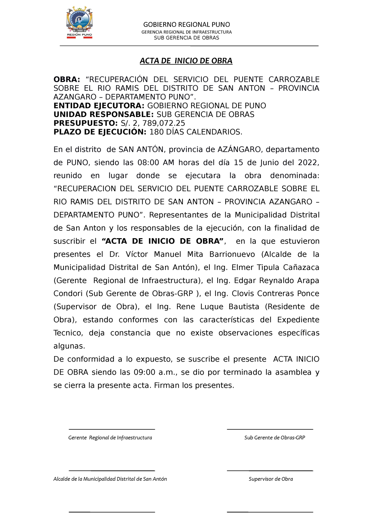 Acta De Inicio De Obra Modelo De Acta Gobierno Regional Puno