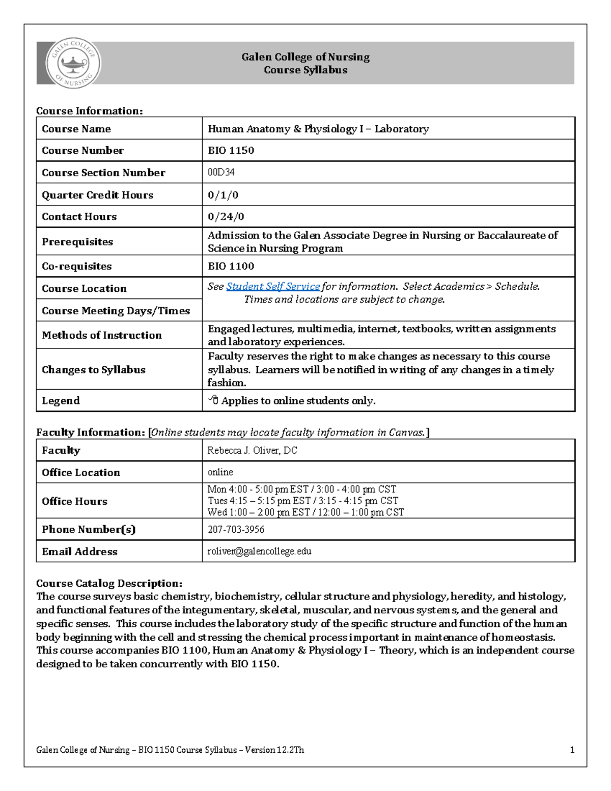 BIO1150 Syllabus - Galen College Of Nursing Course Syllabus Course ...