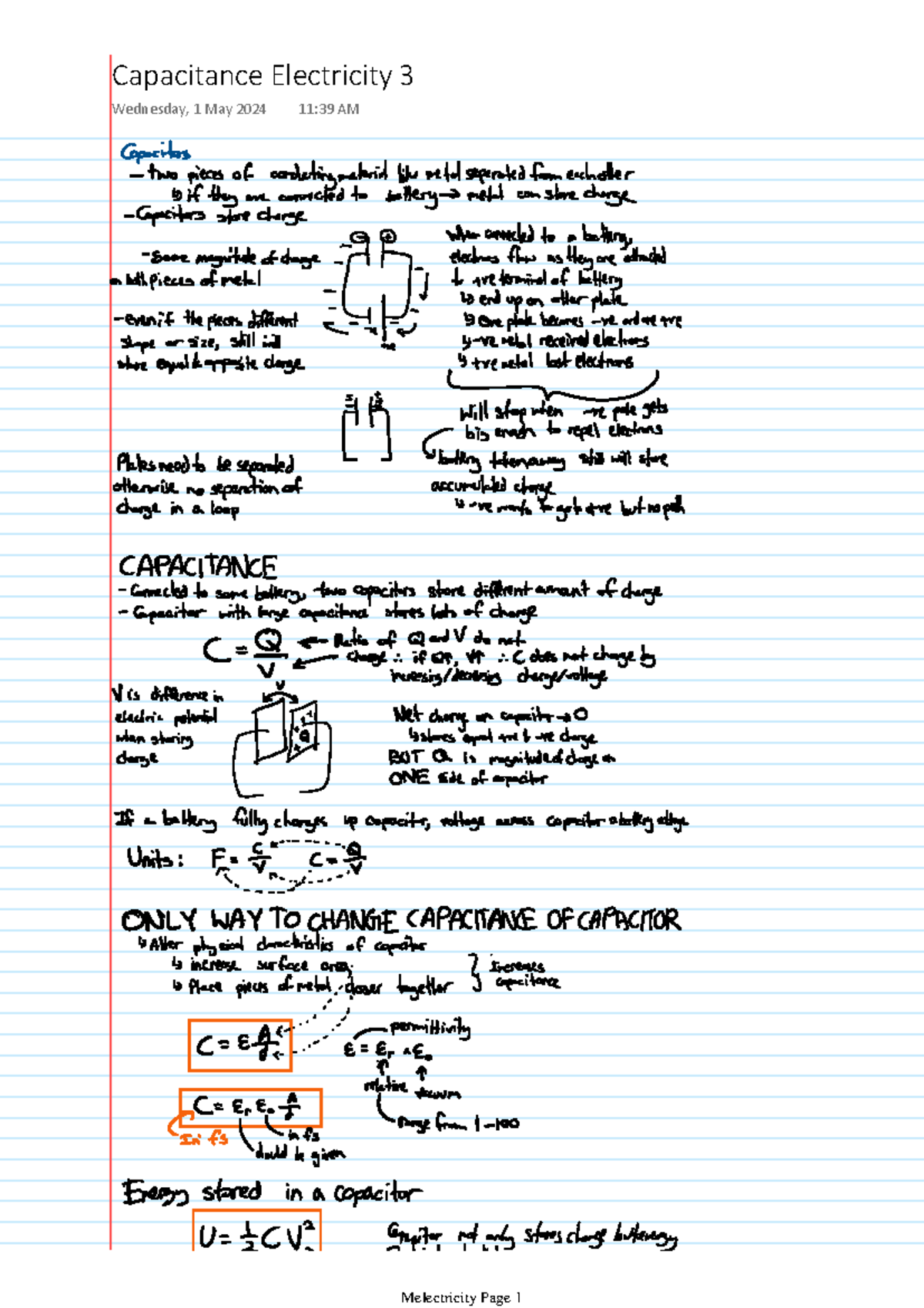 Capacitance notes - Physics - Capacitance Electricity 3 Wednesday, 1 ...