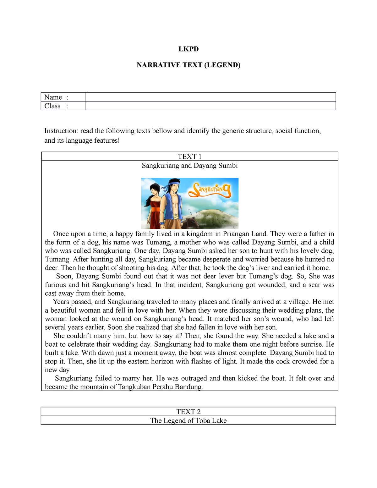 LKPD 1 Narrative Text (Legend) - LKPD NARRATIVE TEXT (LEGEND) Name ...