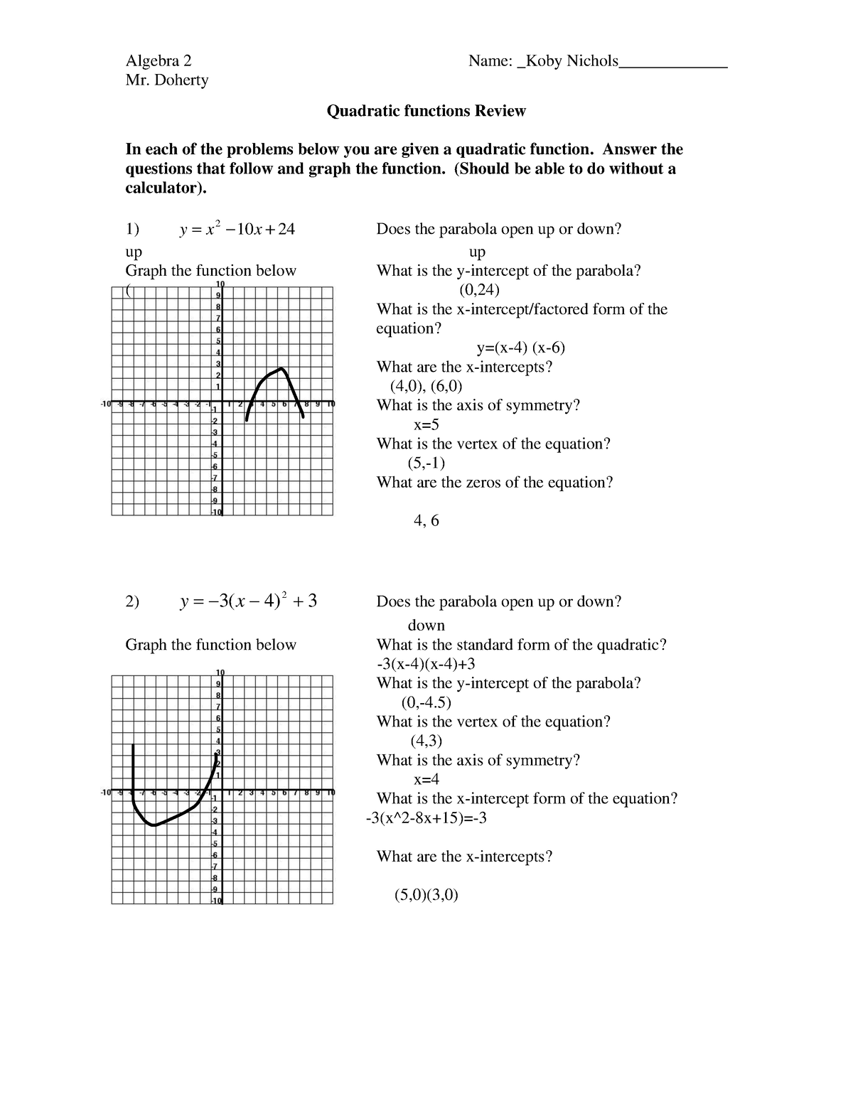 quadratic function review algebra 2 homework